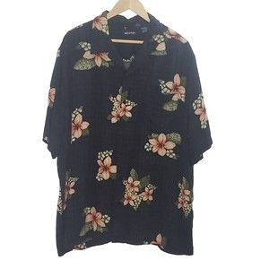 Puritan Men's Hawaiian Size 2XL Black Shirt Flowers Button Up Short Sleeve